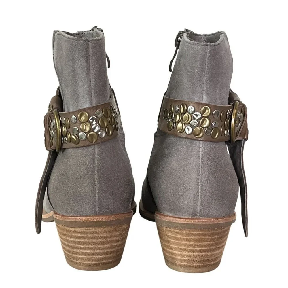 Antelope Gray Suede Western Ankle Boots Studded Harness EU 37 US 6-6.5